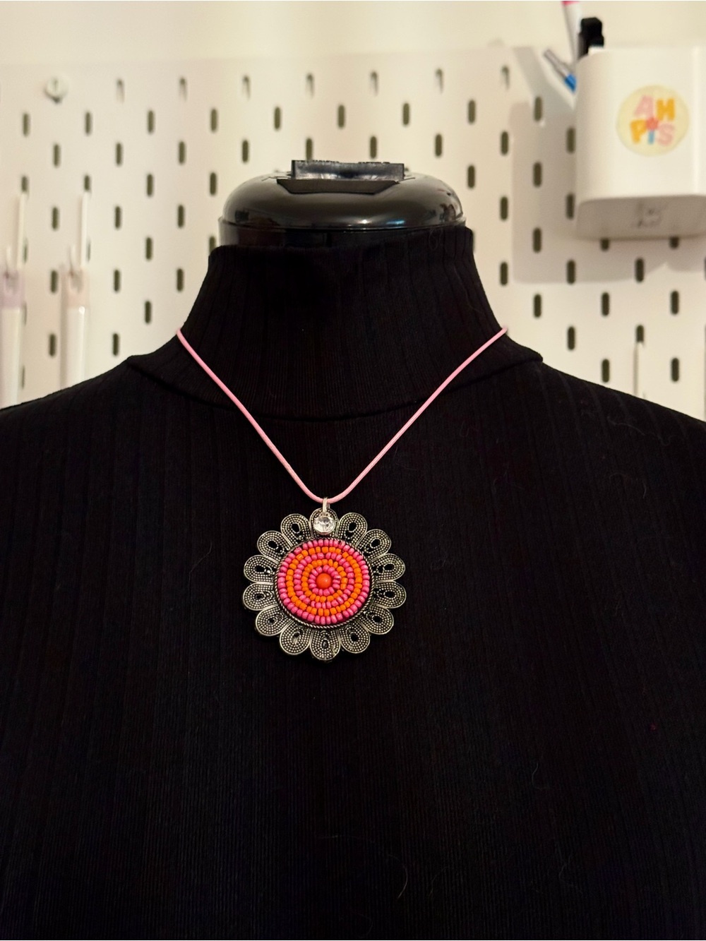 Handmade Pink Beaded Floral Pendant Necklace - Women Jewelry